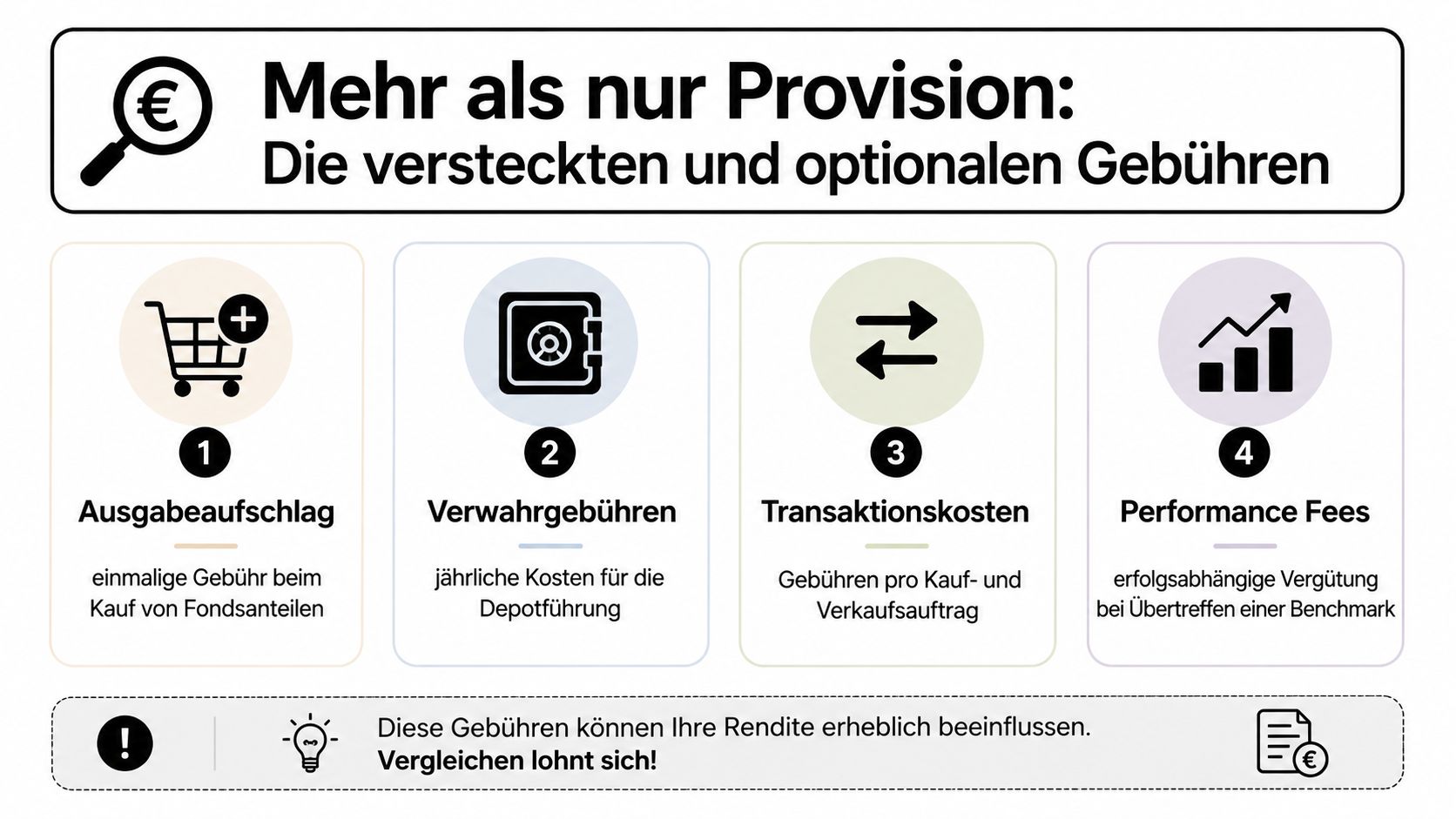 Infografik, die versteckte und optionale eBay-Gebühren wie Angebotsgebühren, Zusatzoptionen und internationale Gebühren übersichtlich darstellt.
