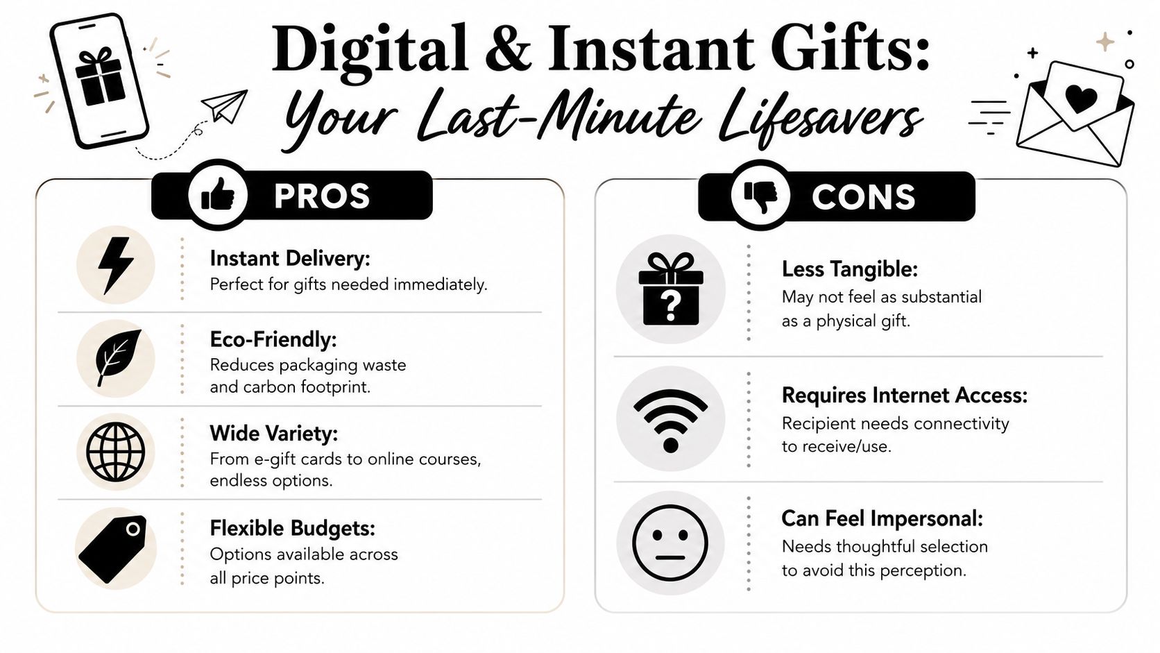 An infographic titled Digital and Instant Gifts comparing the pros and cons of last minute digital gifting.