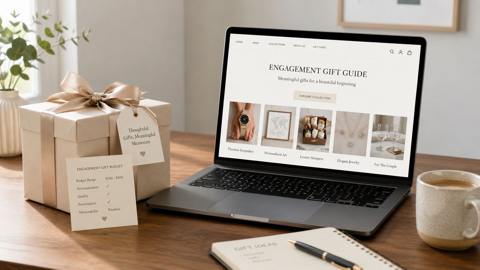 An open laptop displays an engagement gift guide website next to a wrapped gift and coffee cup.
