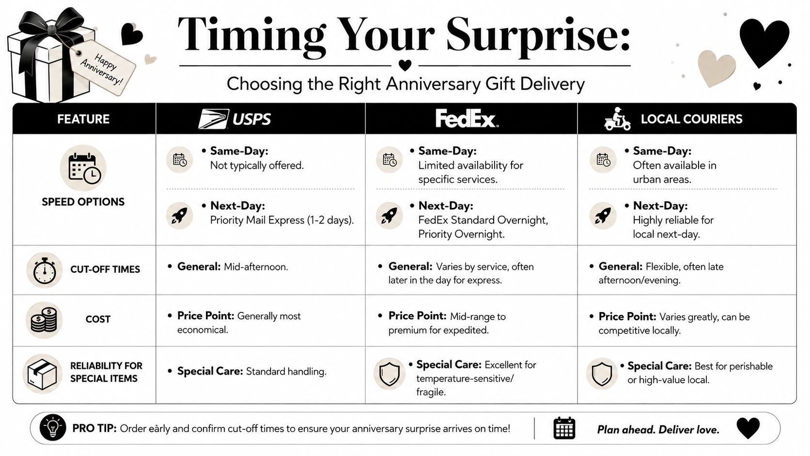 A comparison chart outlining delivery speed, cut-off times, cost, and care for anniversary gift shipping options.