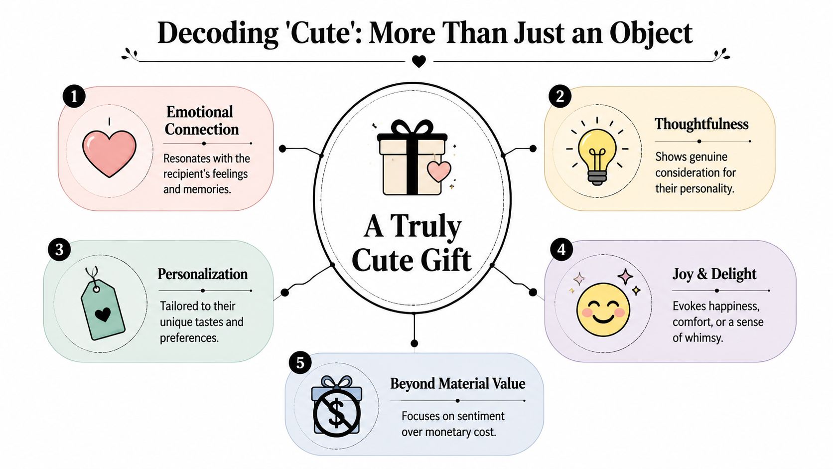 An infographic titled Decoding Cute that explains five key emotional elements of choosing a truly cute gift.