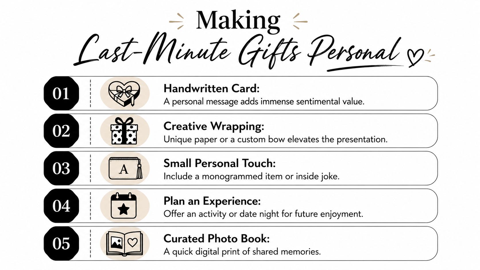 A list of five tips for making last minute gifts feel personal and thoughtful.