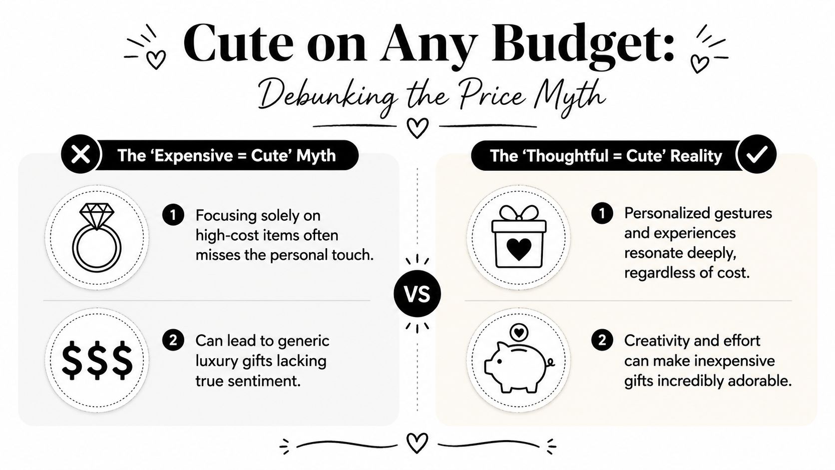 A comparison infographic showing that thoughtful, low-cost gifts are more meaningful than expensive, impersonal items.