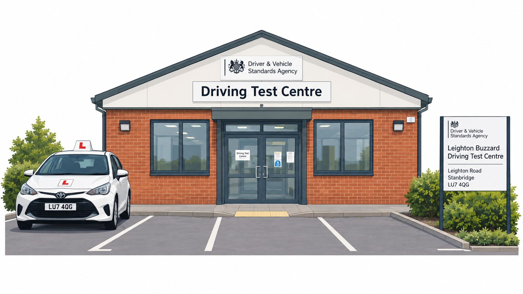 A digital illustration of the Driver and Vehicle Standards Agency driving test centre in Leighton Buzzard.