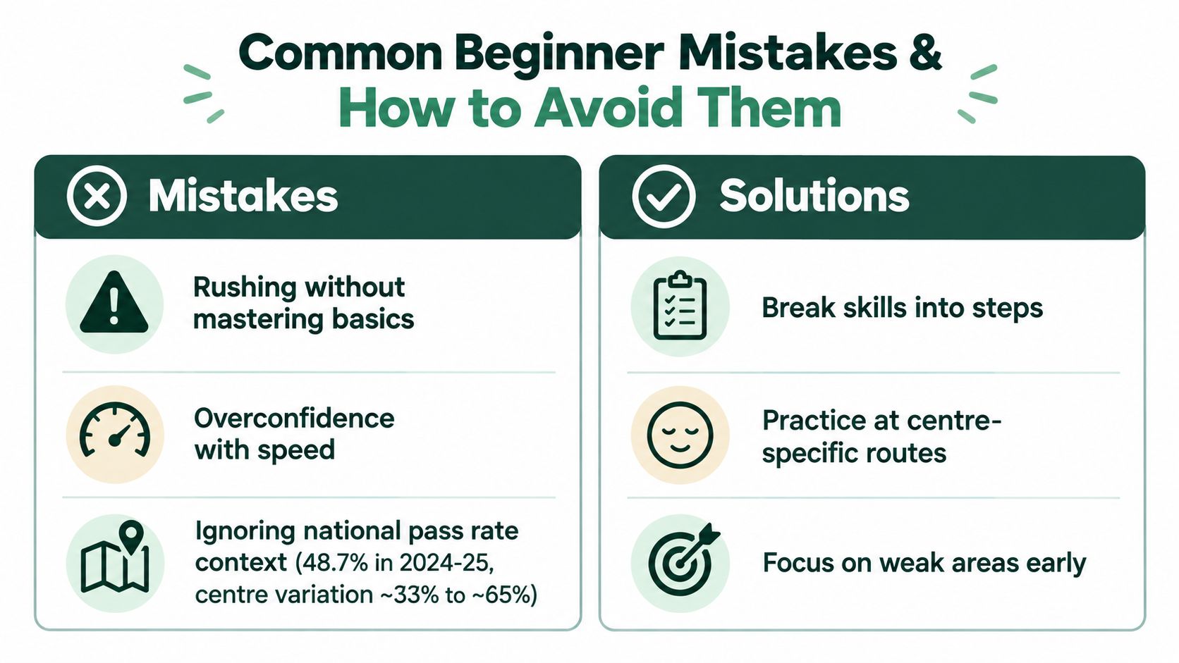 A chart showing common beginner mistakes and their solutions for driving students to improve pass rates.
