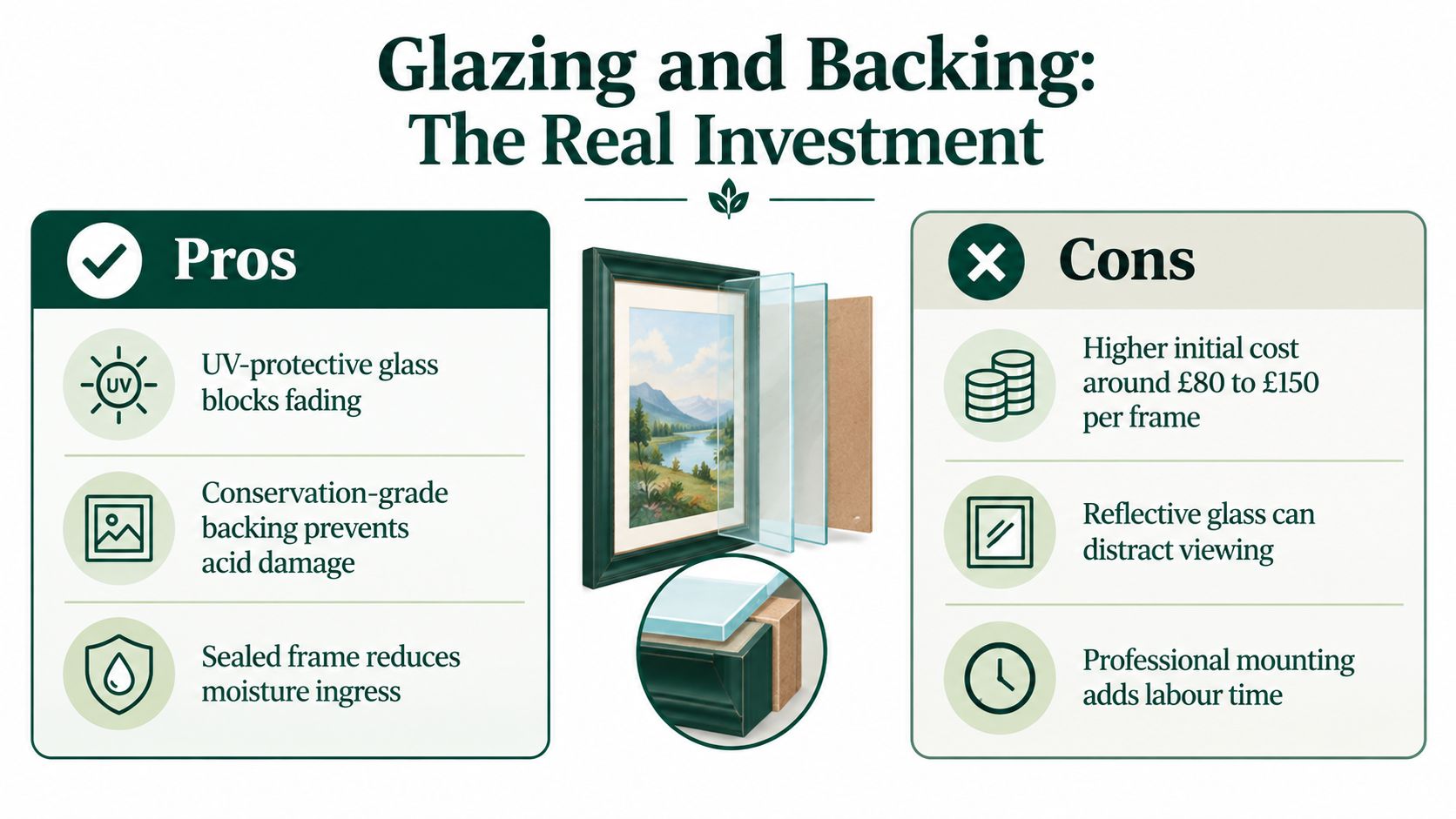A comparative chart showing the pros and cons of high-quality glazing and backing for picture frames.