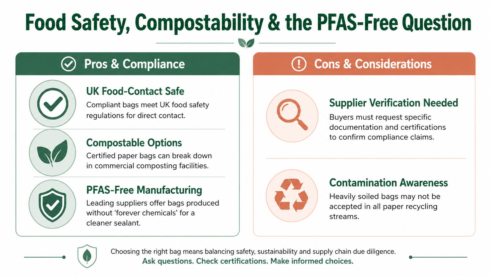 An infographic comparing the pros and cons of using PFAS-free greaseproof paper bags for food safety.