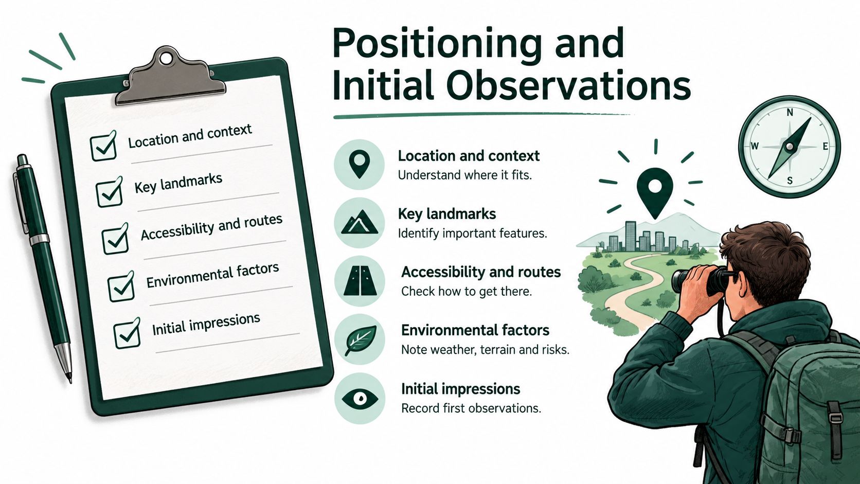 A checklist illustration showing a person observing a landscape with binoculars for planning and site navigation.