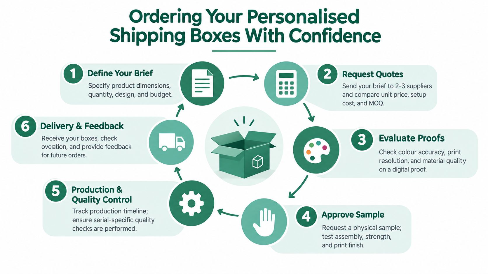 A six-step circular infographic illustrating the process of ordering personalized shipping boxes for e-commerce businesses.