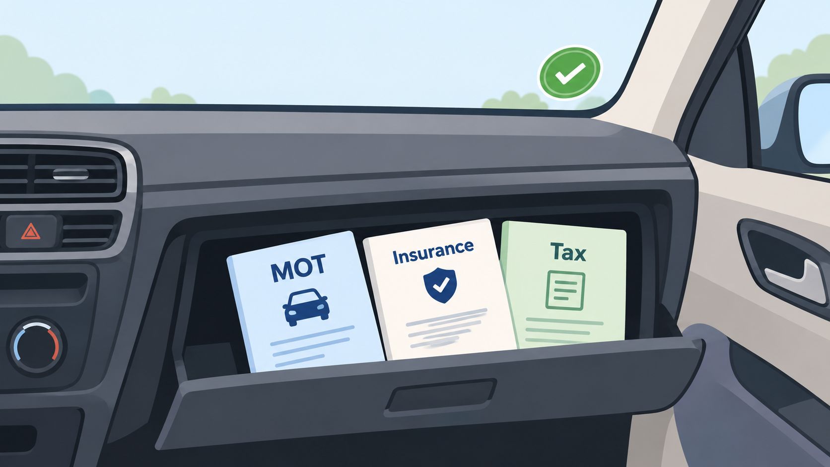 Open car glove compartment containing documents for MOT, insurance, and vehicle tax, featuring a green checkmark icon.