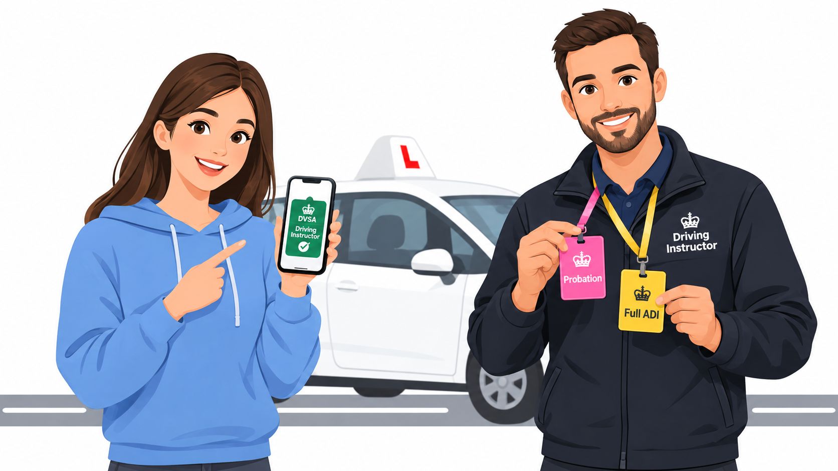 A driving student pointing at a mobile app alongside a professional driving instructor holding two identification badges.