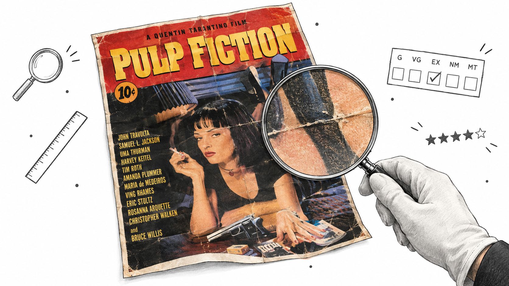 A hand in a white glove holds a magnifying glass over a vintage Pulp Fiction movie poster.