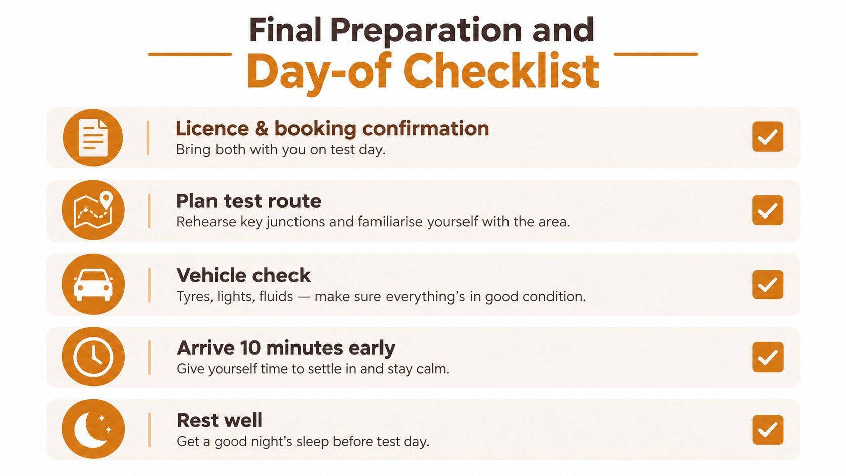 A checklist for driving test day preparation including bringing documents, route planning, and vehicle checks.
