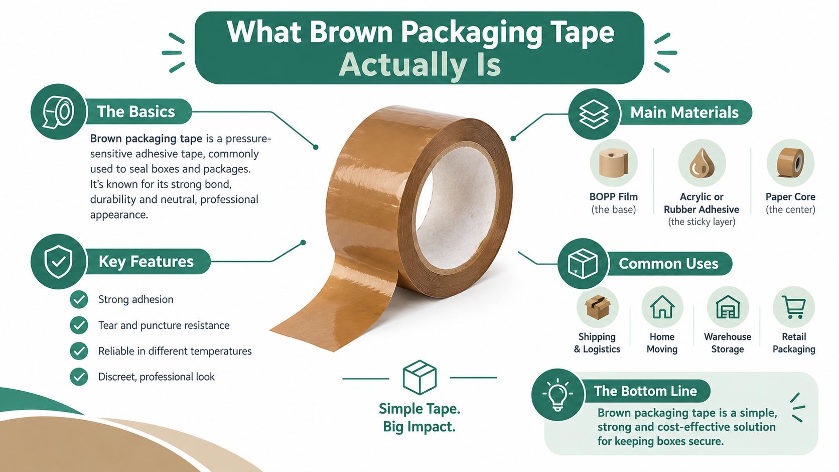 An infographic titled What Brown Packaging Tape Actually Is, showing its materials, key features, and common uses.