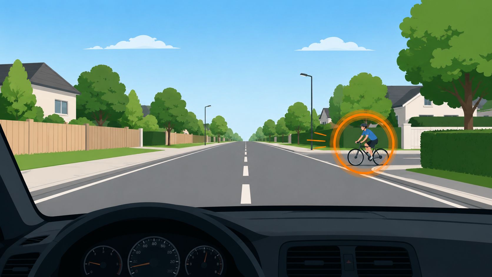A driver perspective view of a road showing a cyclist highlighted by an orange warning circle.