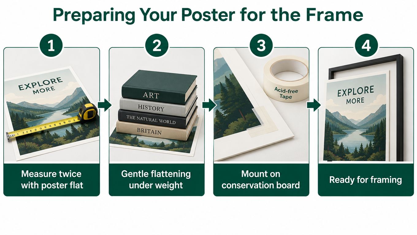 A four-step infographic illustrating how to measure, flatten, mount, and frame a poster for display.