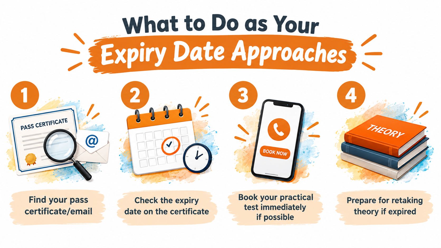 A four-step infographic illustrating how to handle an expiring driving theory test certificate with clear instructions.