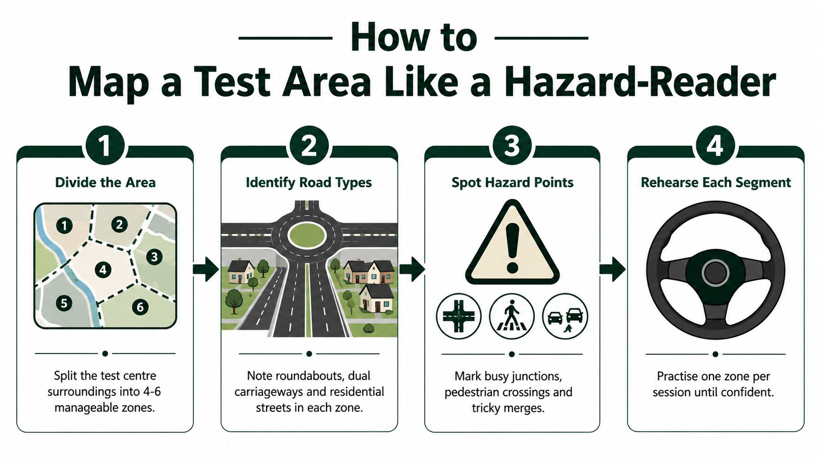 A four-step guide infographic for mapping and preparing for a driving test area efficiently.