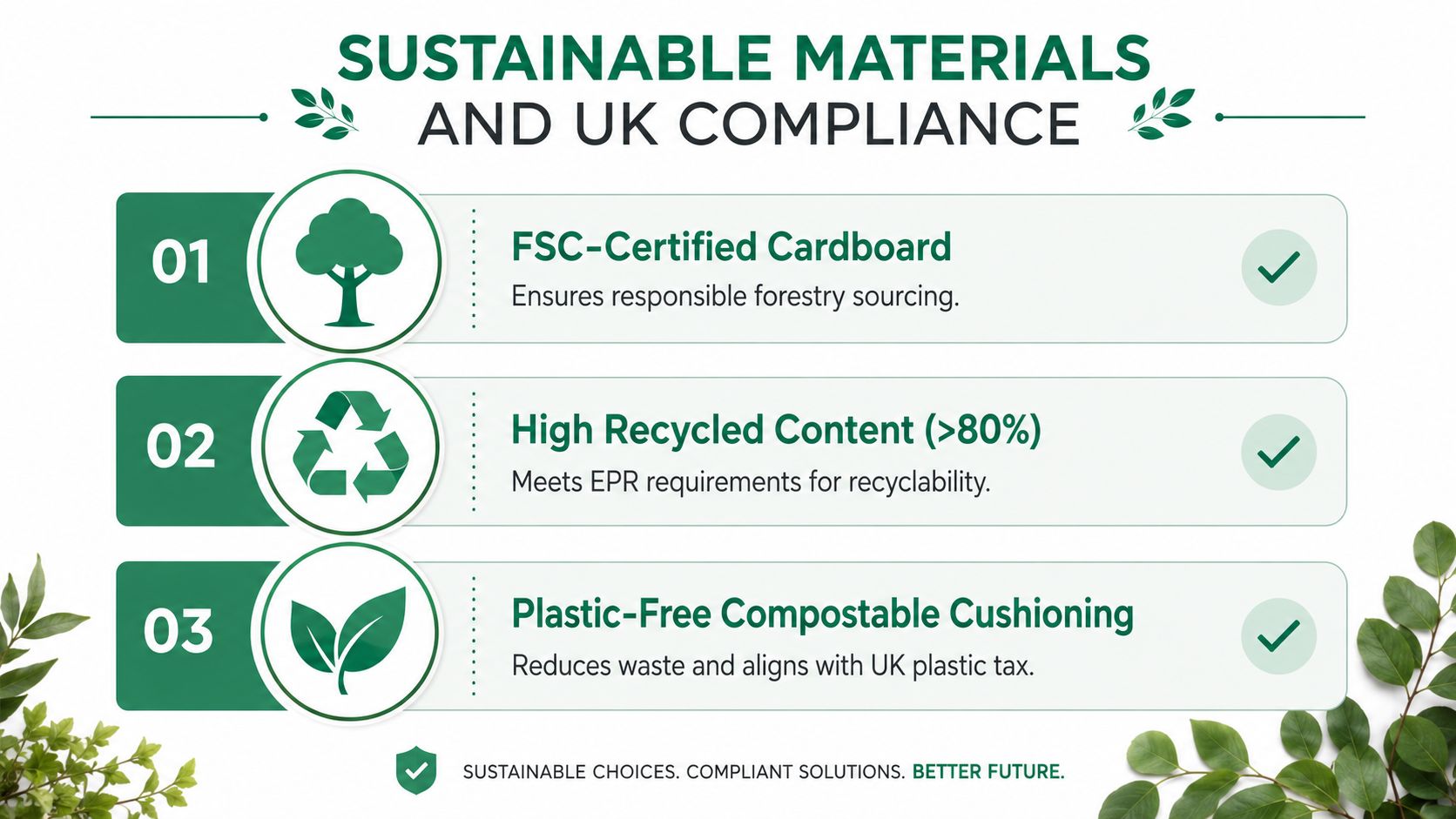 An infographic detailing sustainable packaging materials used for UK compliance, featuring FSC cardboard, recycled content, and compostable cushioning.