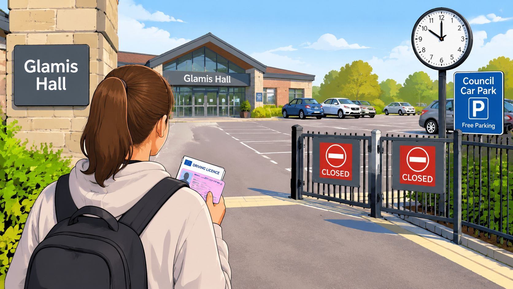 A person standing with a driving license outside the closed gates of the Glamis Hall car park.