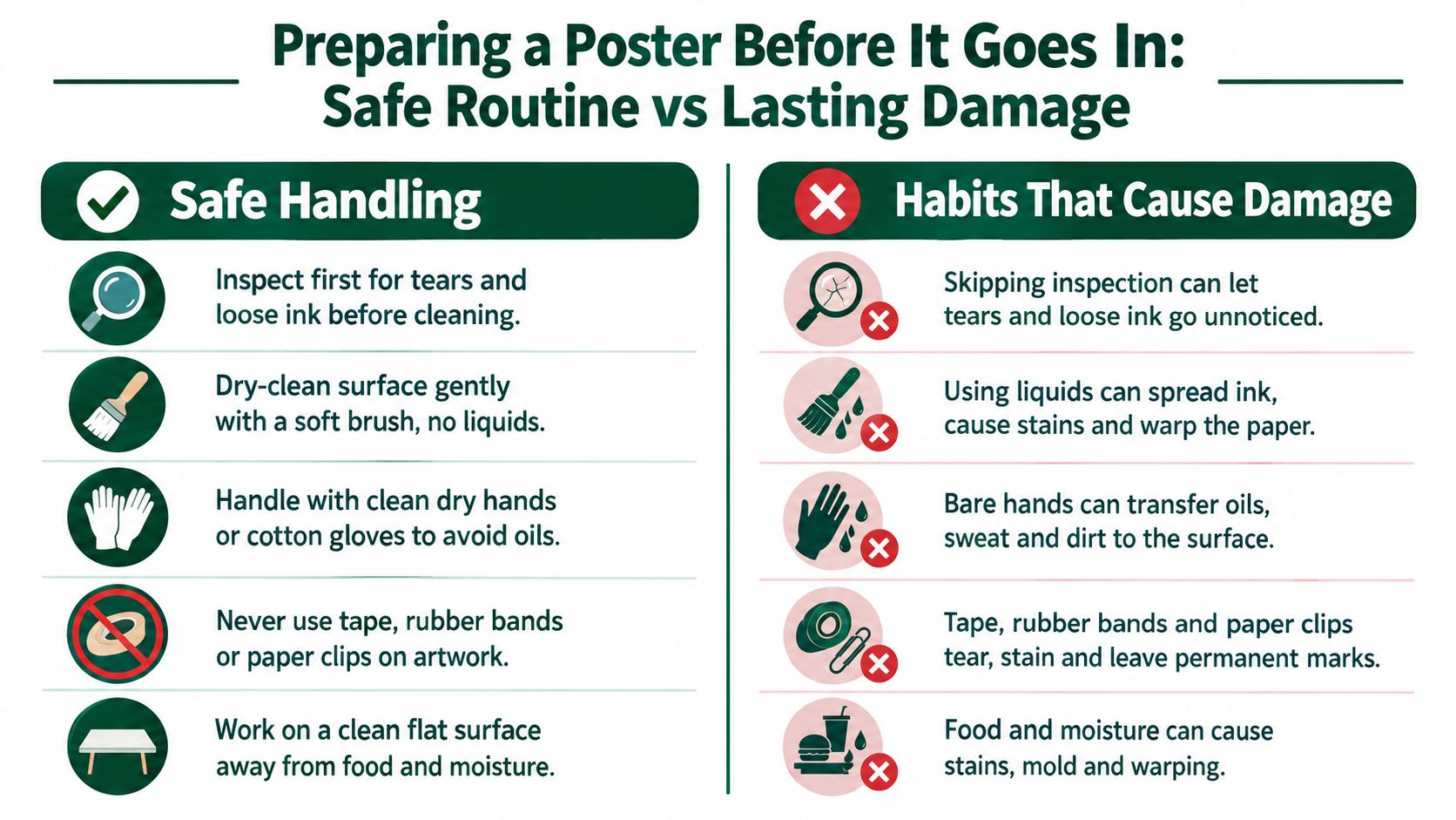 An educational infographic showing best practices for safe poster handling versus harmful habits that cause damage.