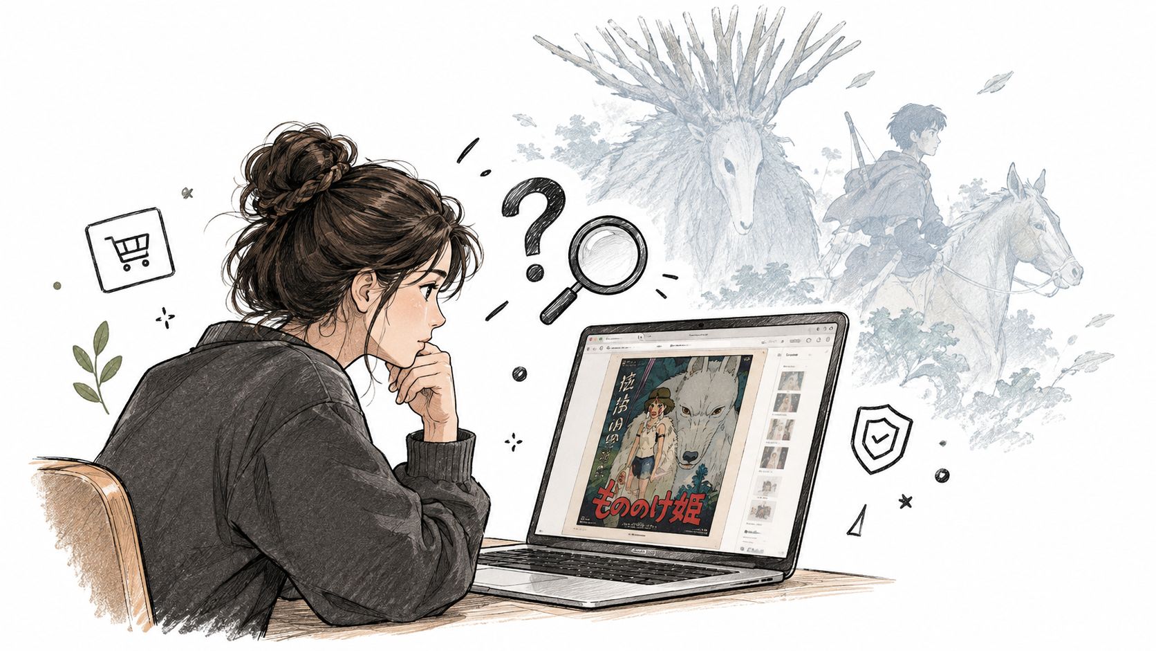 A young woman sitting at a desk looking at a Princess Mononoke poster on her laptop screen.