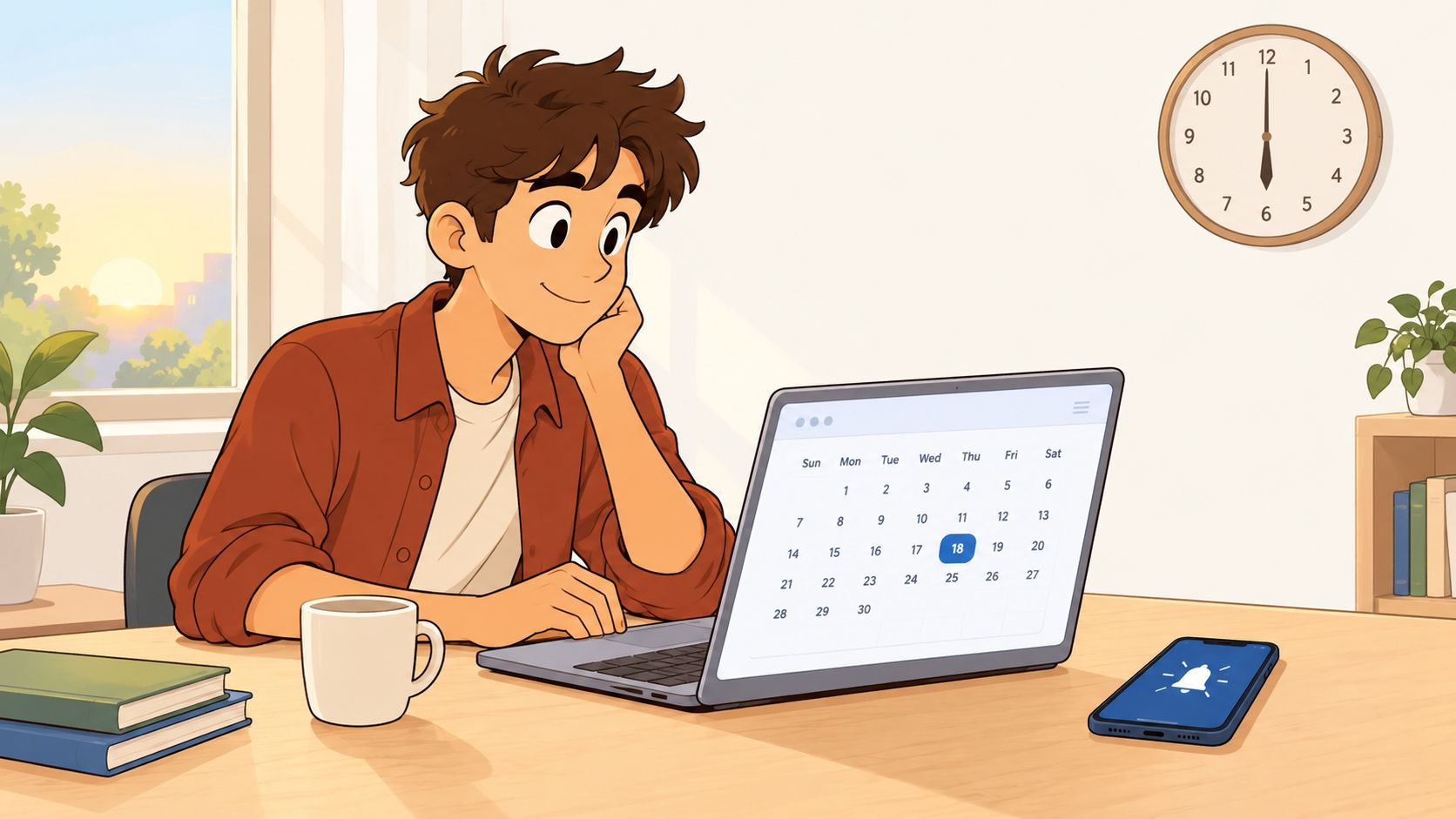A young man sits at a desk looking at a calendar on his laptop screen.