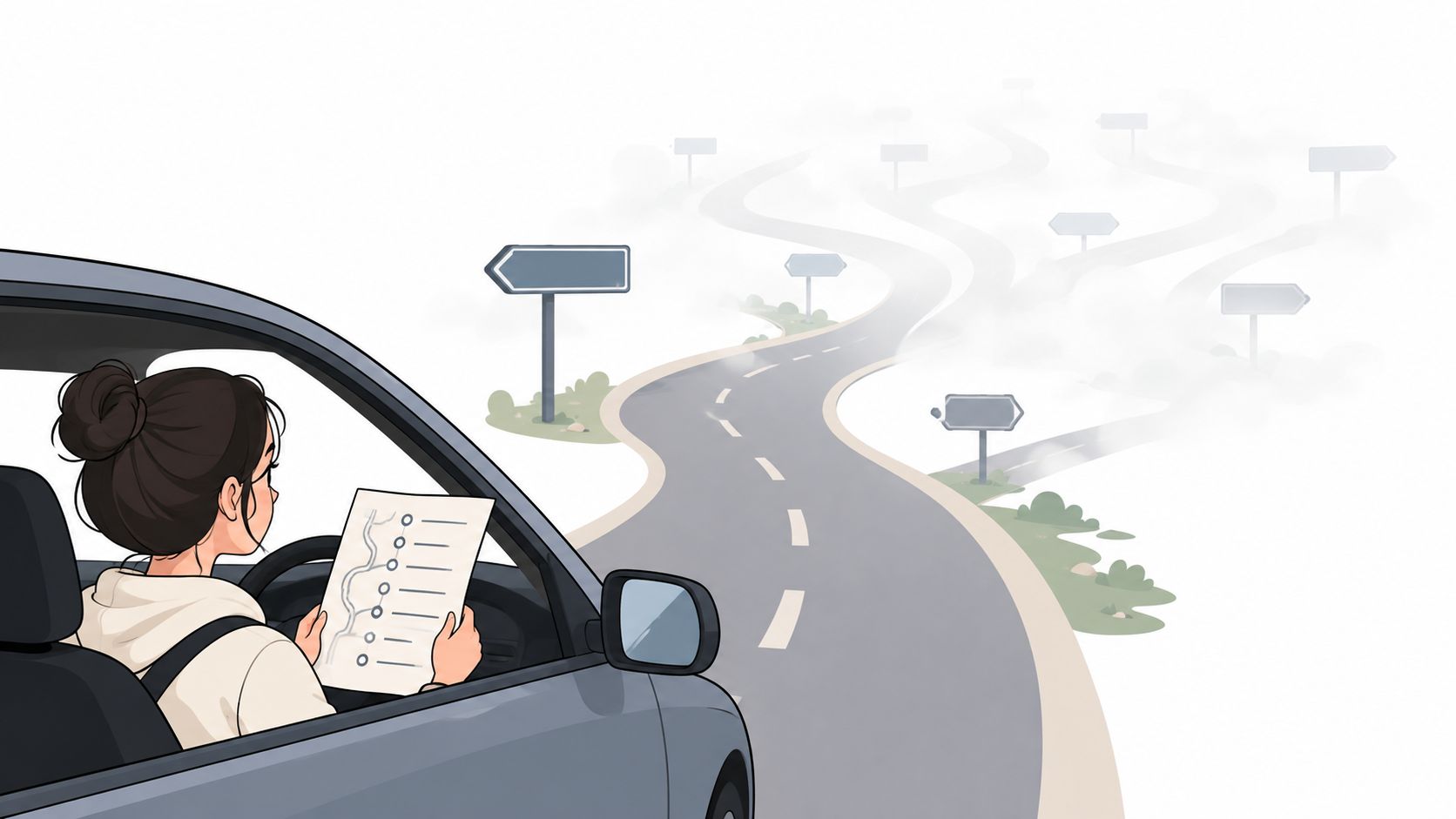 A female driver looking at a map while driving on a winding road with foggy signposts
