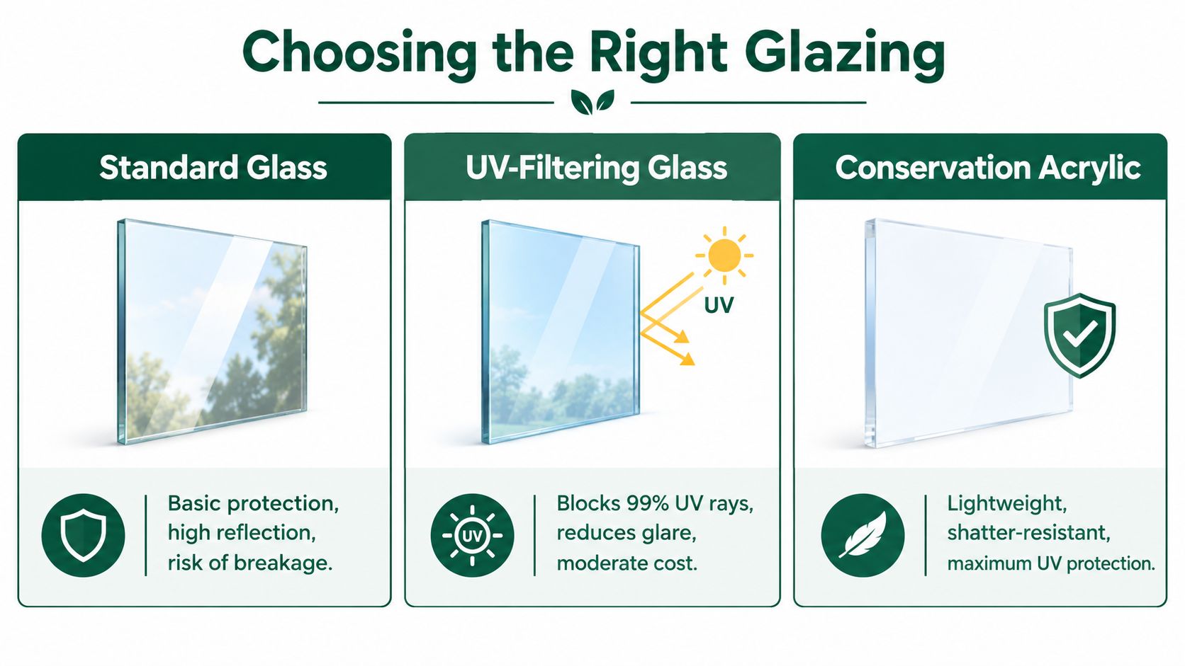 A comparison chart explaining the differences between standard glass, UV-filtering glass, and conservation acrylic for framing.