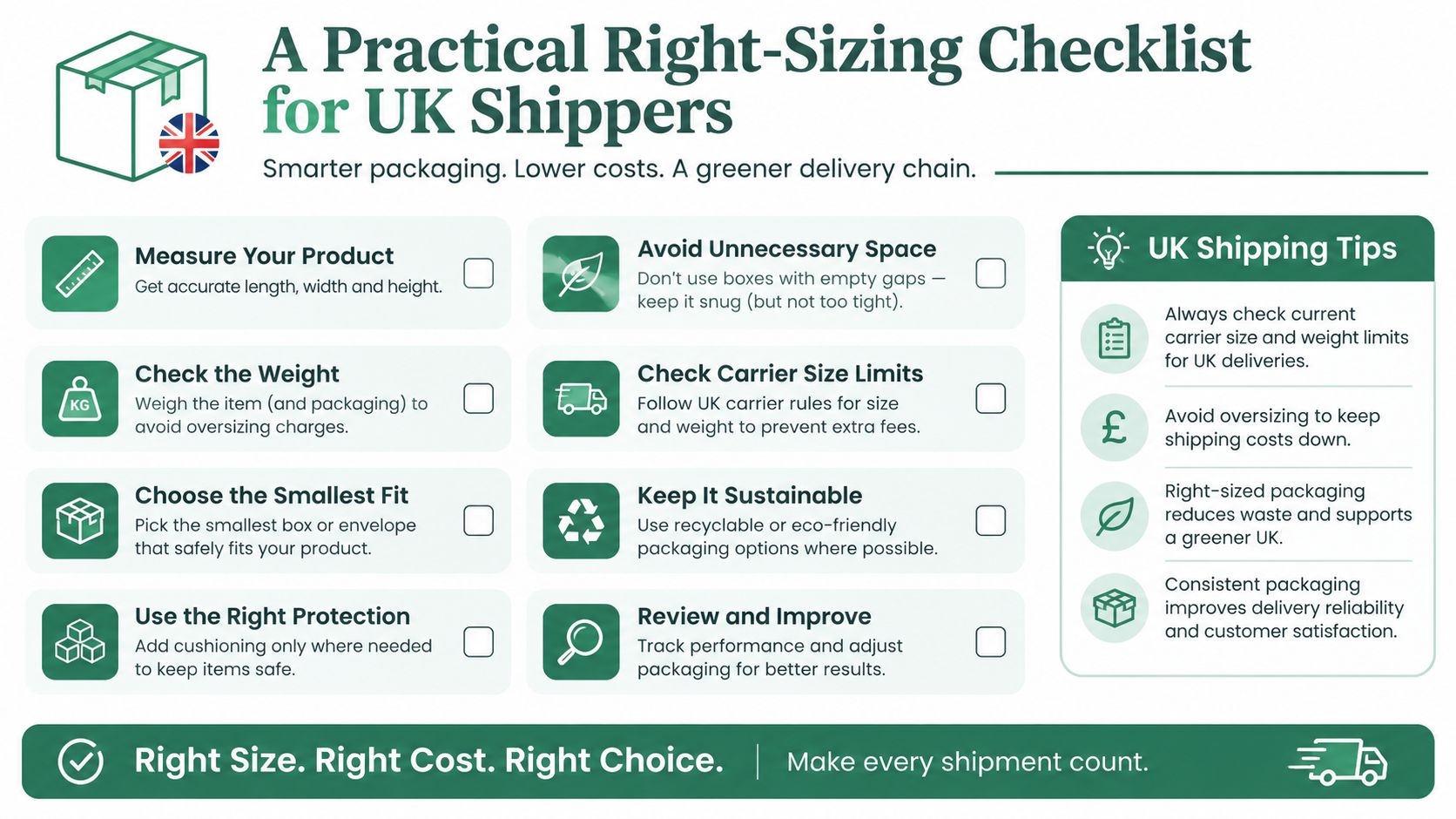 An informative infographic titled A Practical Right-Sizing Checklist for UK Shippers featuring sustainable shipping tips and packaging advice.