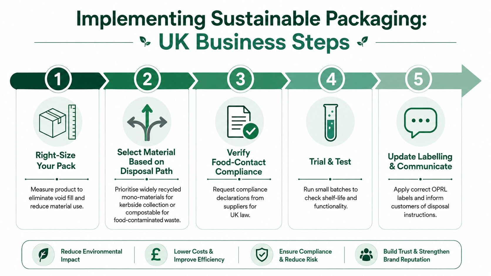 A five-step infographic for UK businesses on implementing sustainable food packaging practices to reduce waste.
