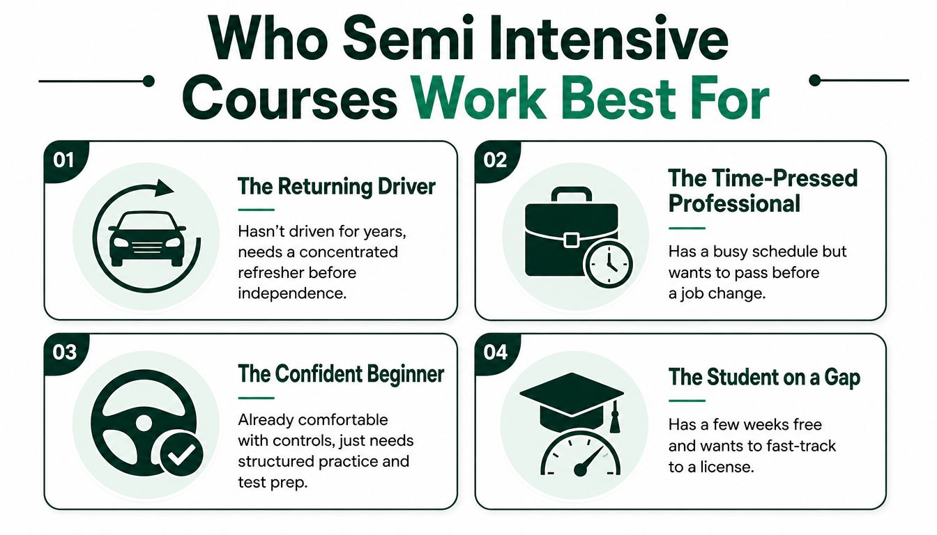 An infographic showing four ideal candidates for a semi-intensive driving course, including professionals, students, and beginners.