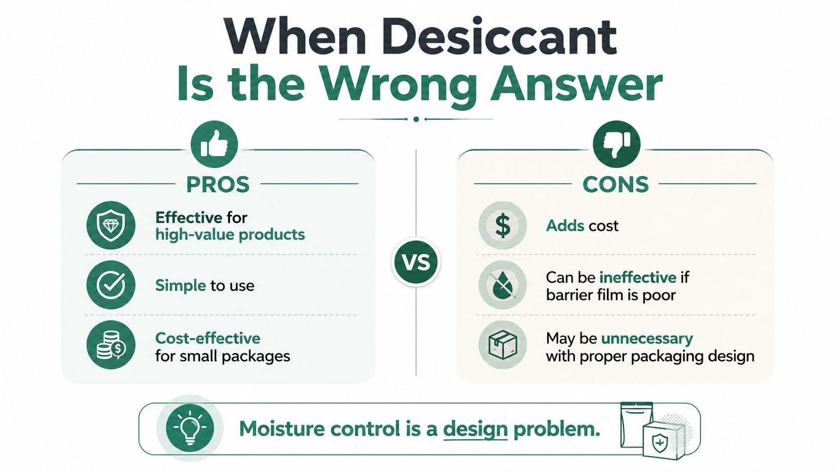 An infographic comparing the pros and cons of using desiccants in product packaging design.