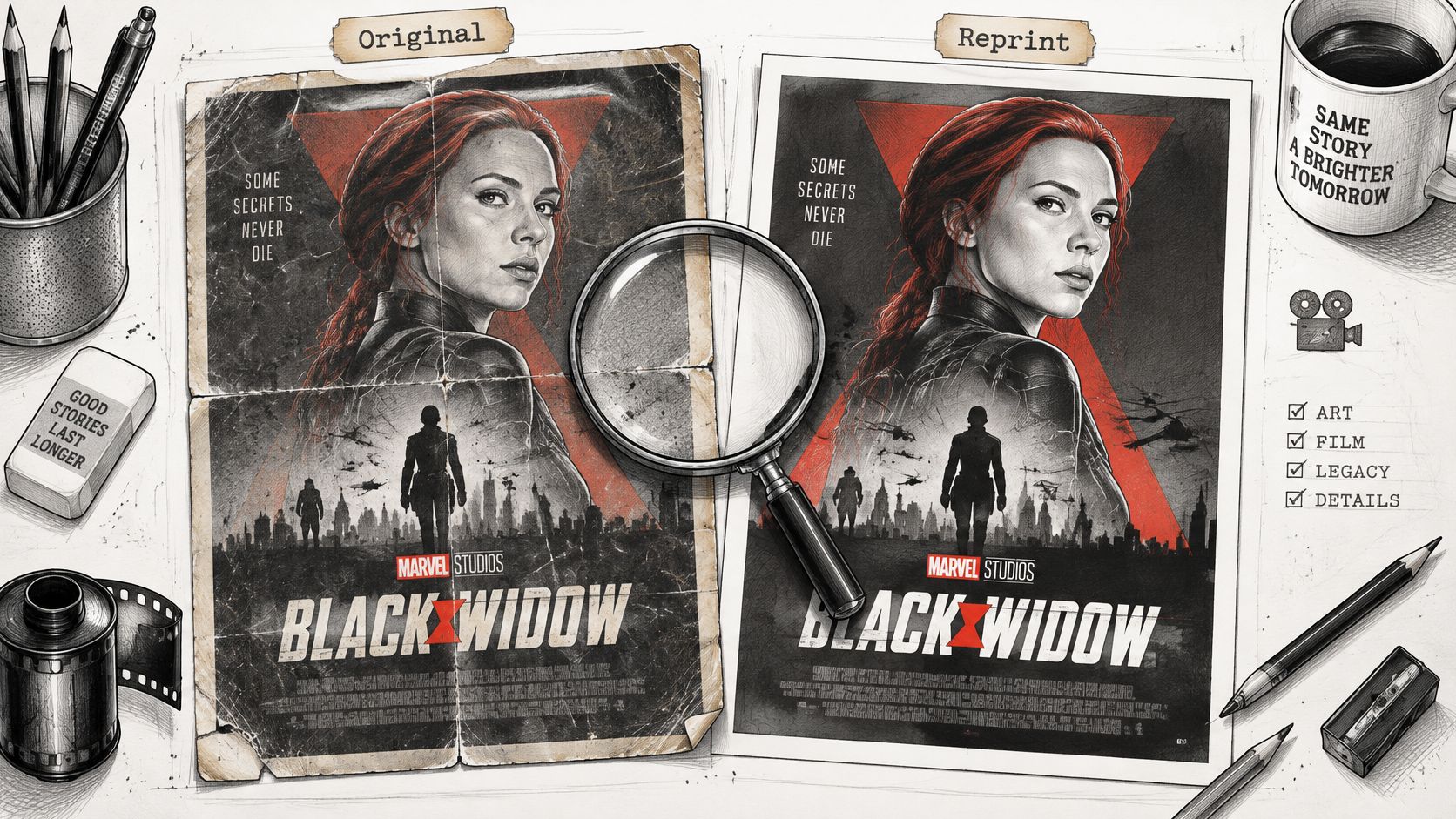 A split view comparison of an aged Black Widow movie poster versus a clean, restored digital reprint version.