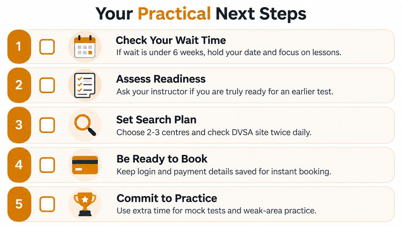 A five-step checklist illustrating practical next steps for students managing their upcoming driving test schedule.