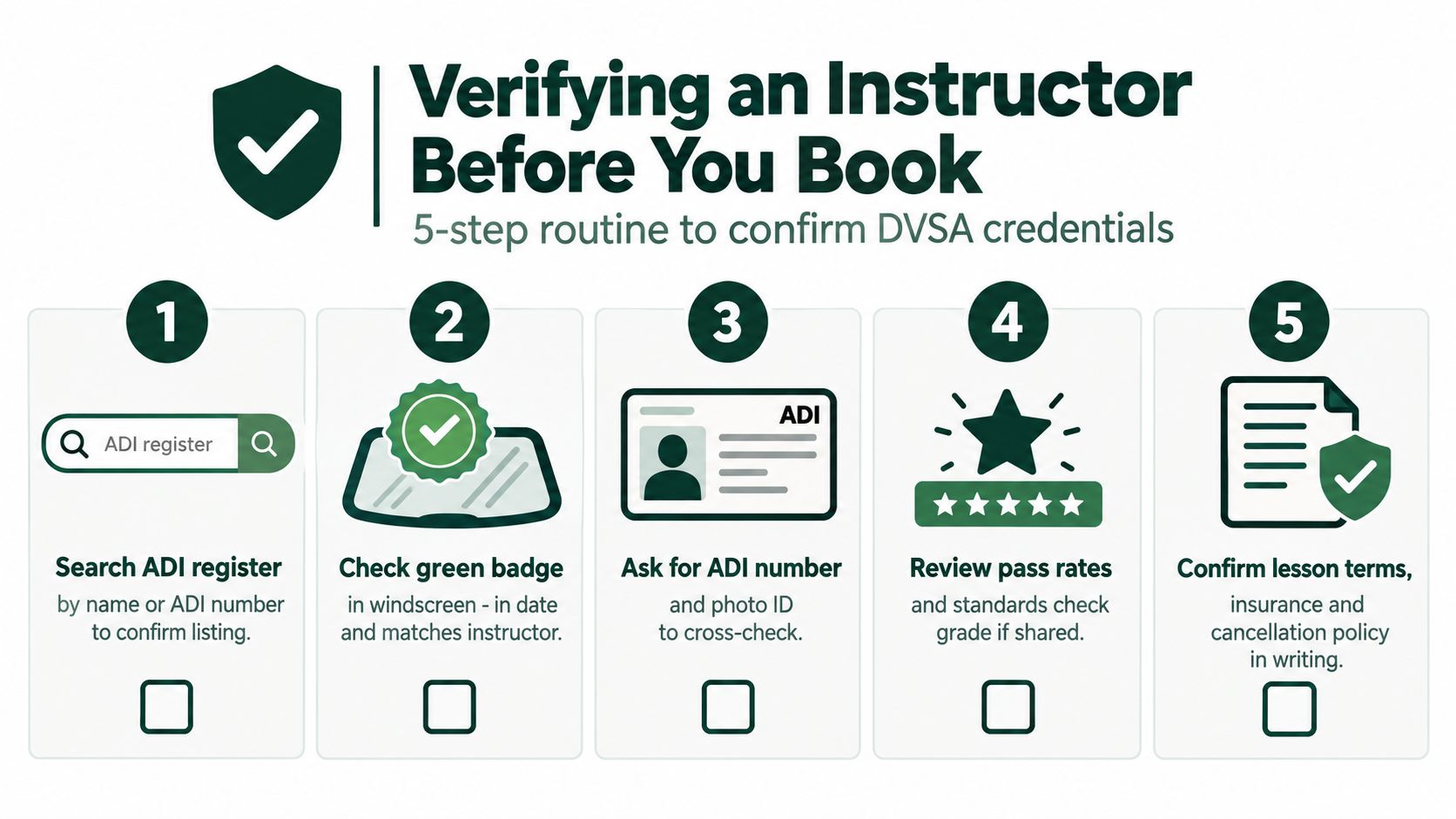 A 5-step instructional guide on how to verify the credentials of DVSA approved driving instructors before booking.