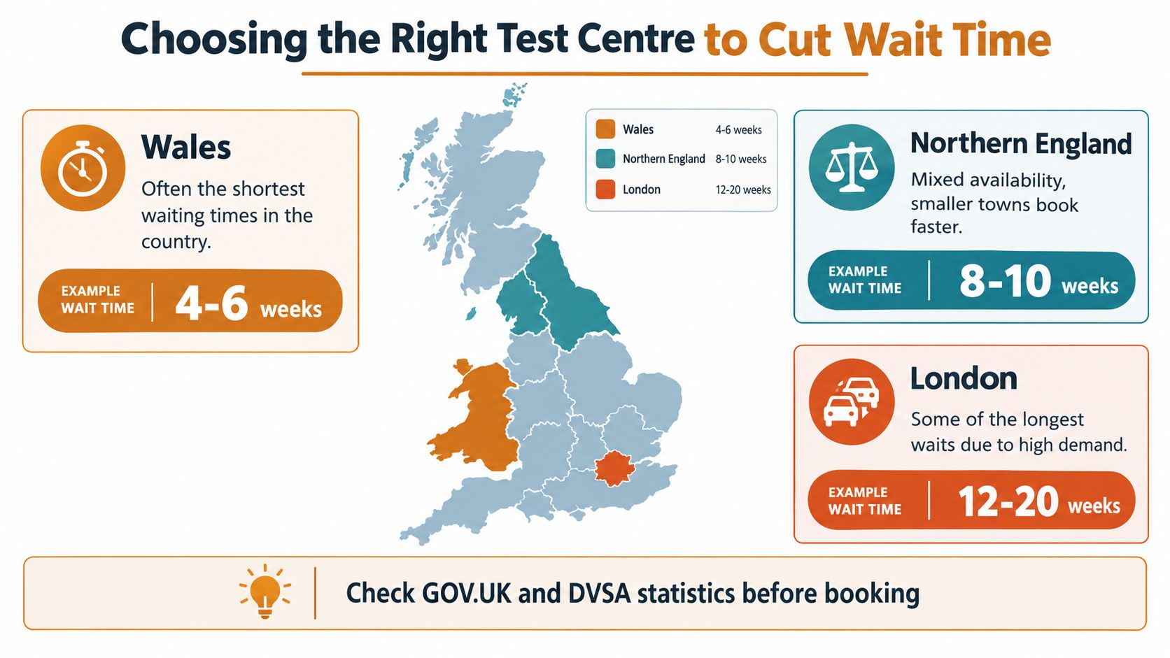 An infographic showing driving test wait times in Wales, Northern England, and London to help plan booking.