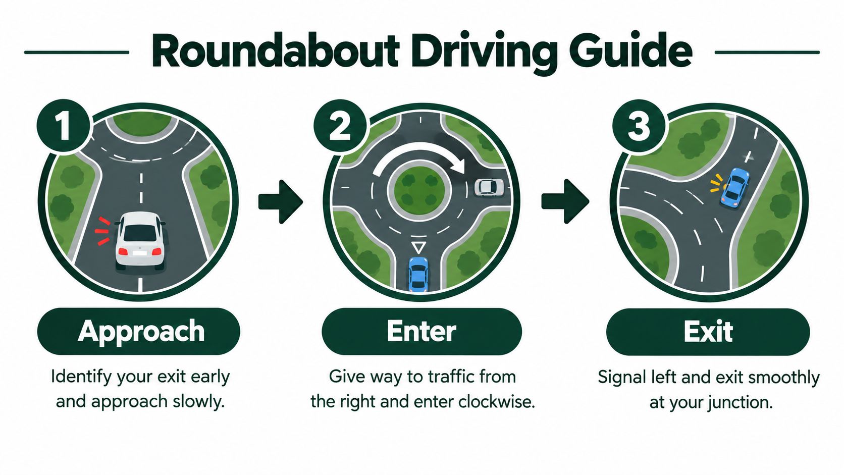 An infographic titled Roundabout Driving Guide showing the three steps of approaching, entering, and exiting a roundabout.
