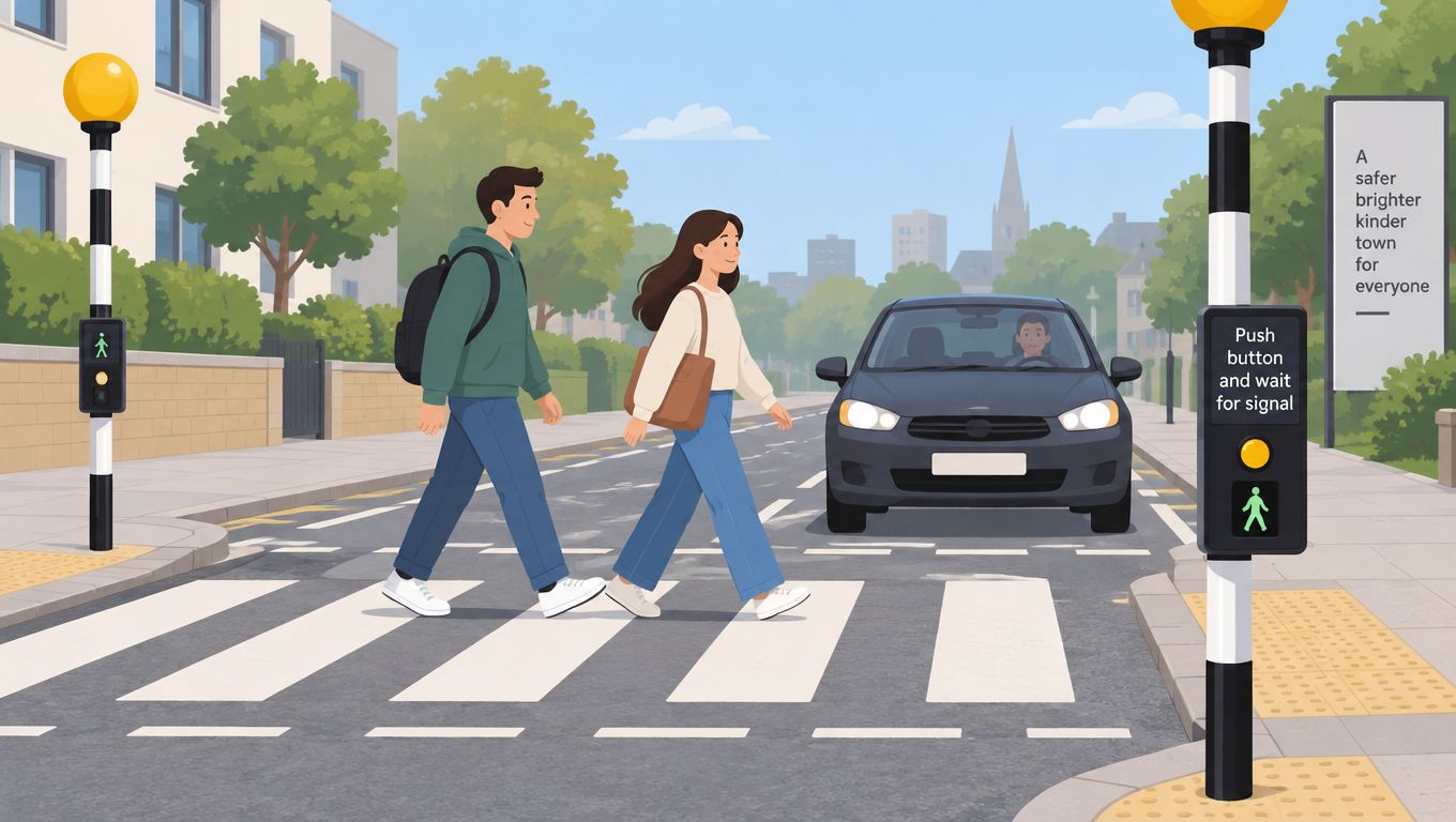 A young couple crossing a street on a zebra crossing in a suburban town setting during daytime.