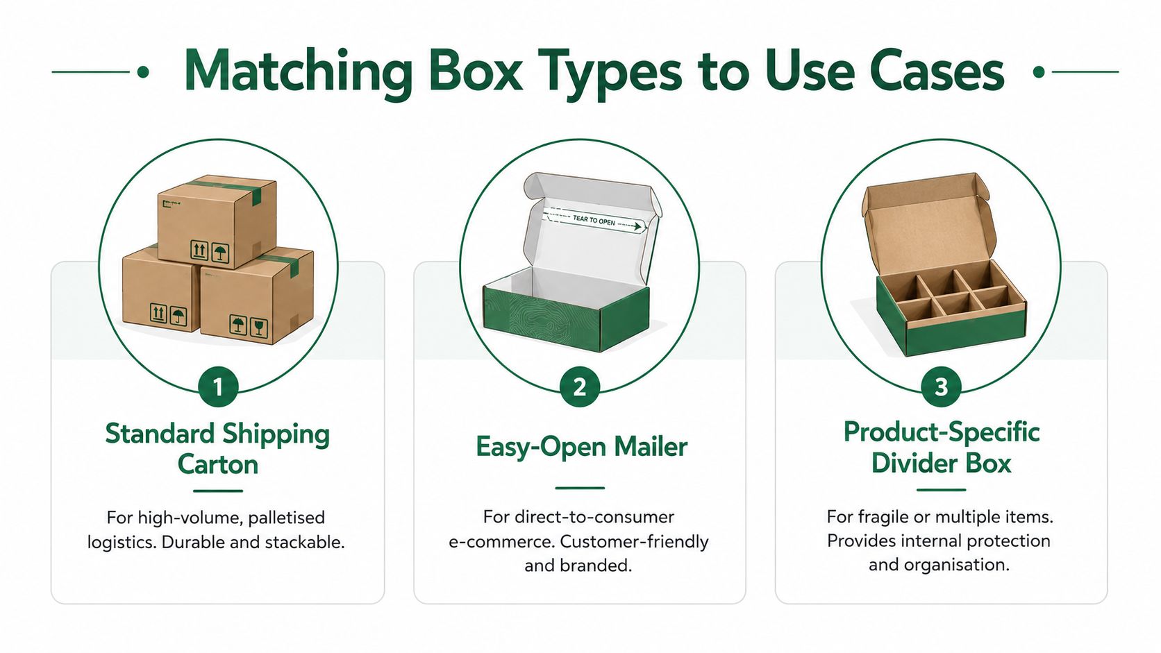 A visual guide comparing three types of recyclable cardboard boxes including shipping cartons, mailers, and divider boxes.