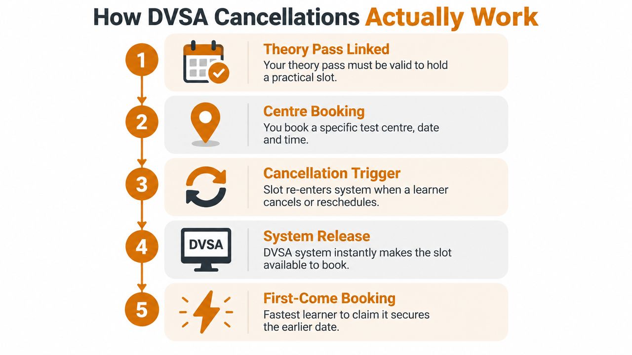 A flowchart explaining the five-step process of how DVSA driving test cancellations become available for other learners.