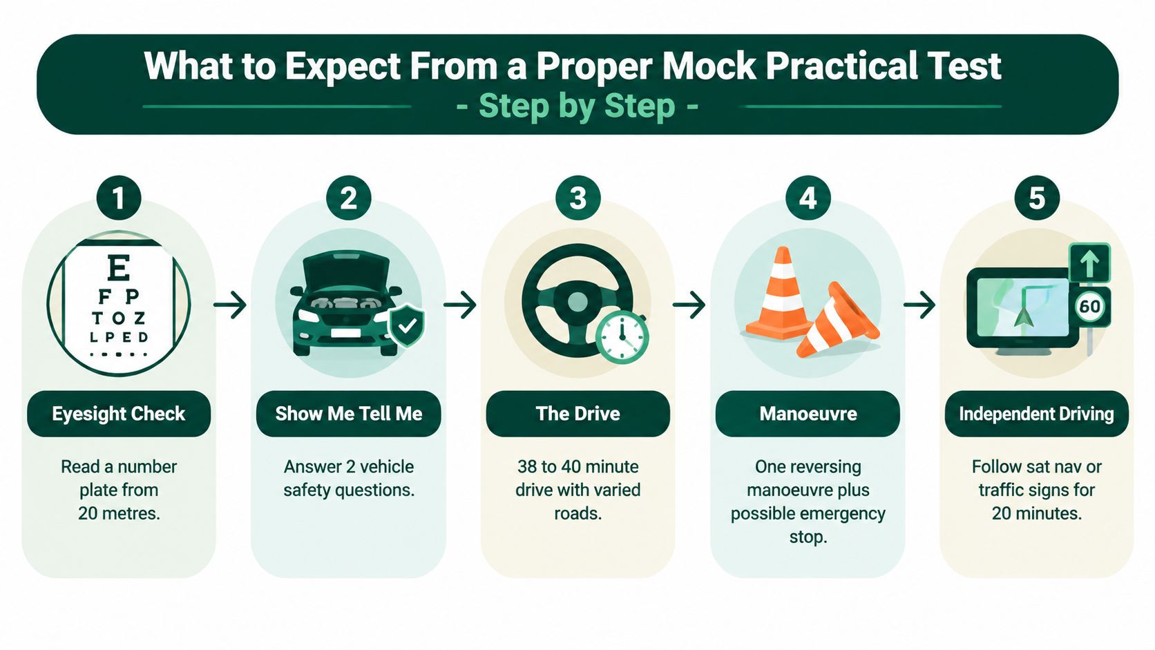 A step by step guide infographic explaining the five stages of a UK mock driving test.