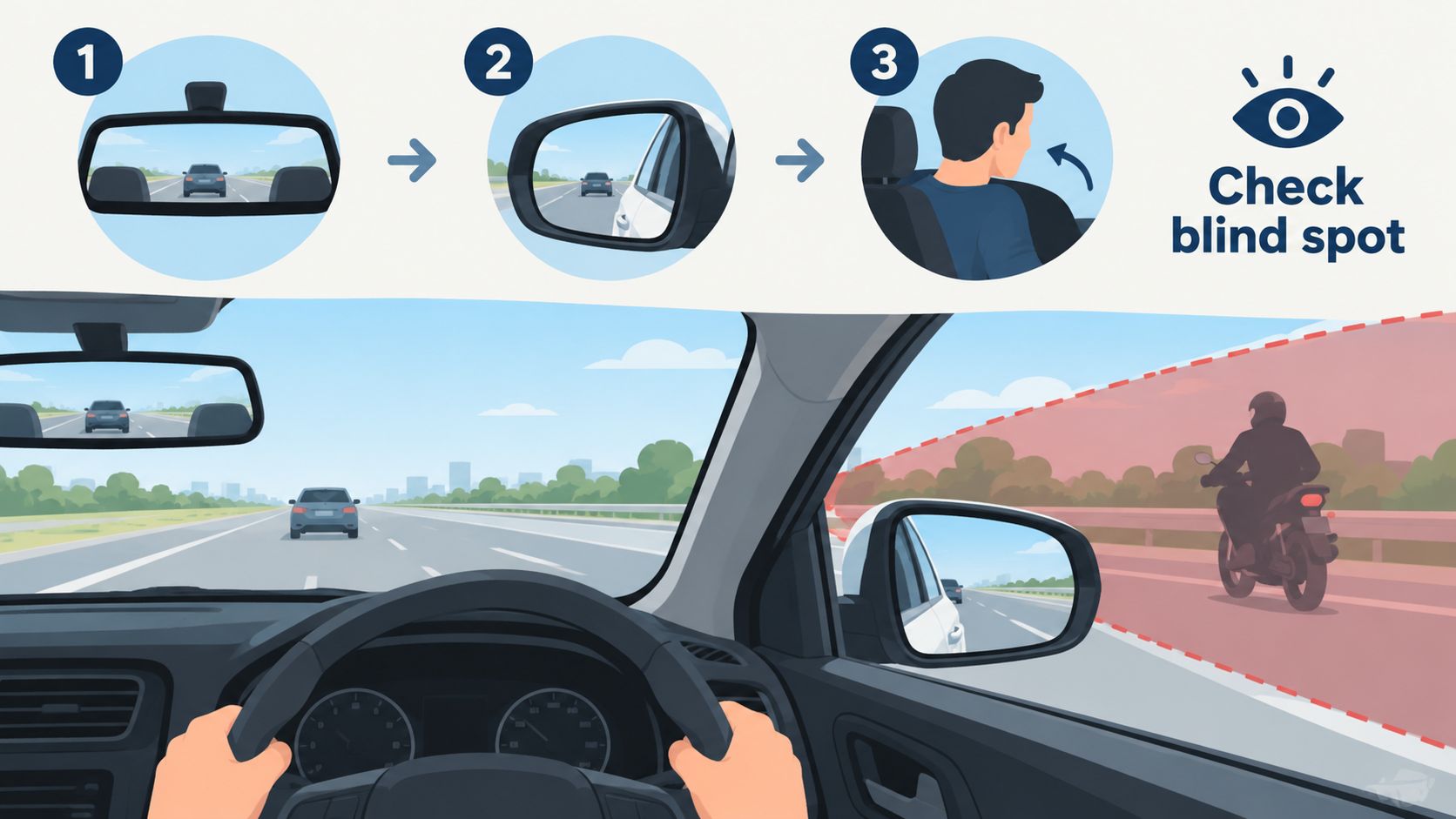 A diagram demonstrating safe lane change steps including checking mirrors and the vehicle blind spot.