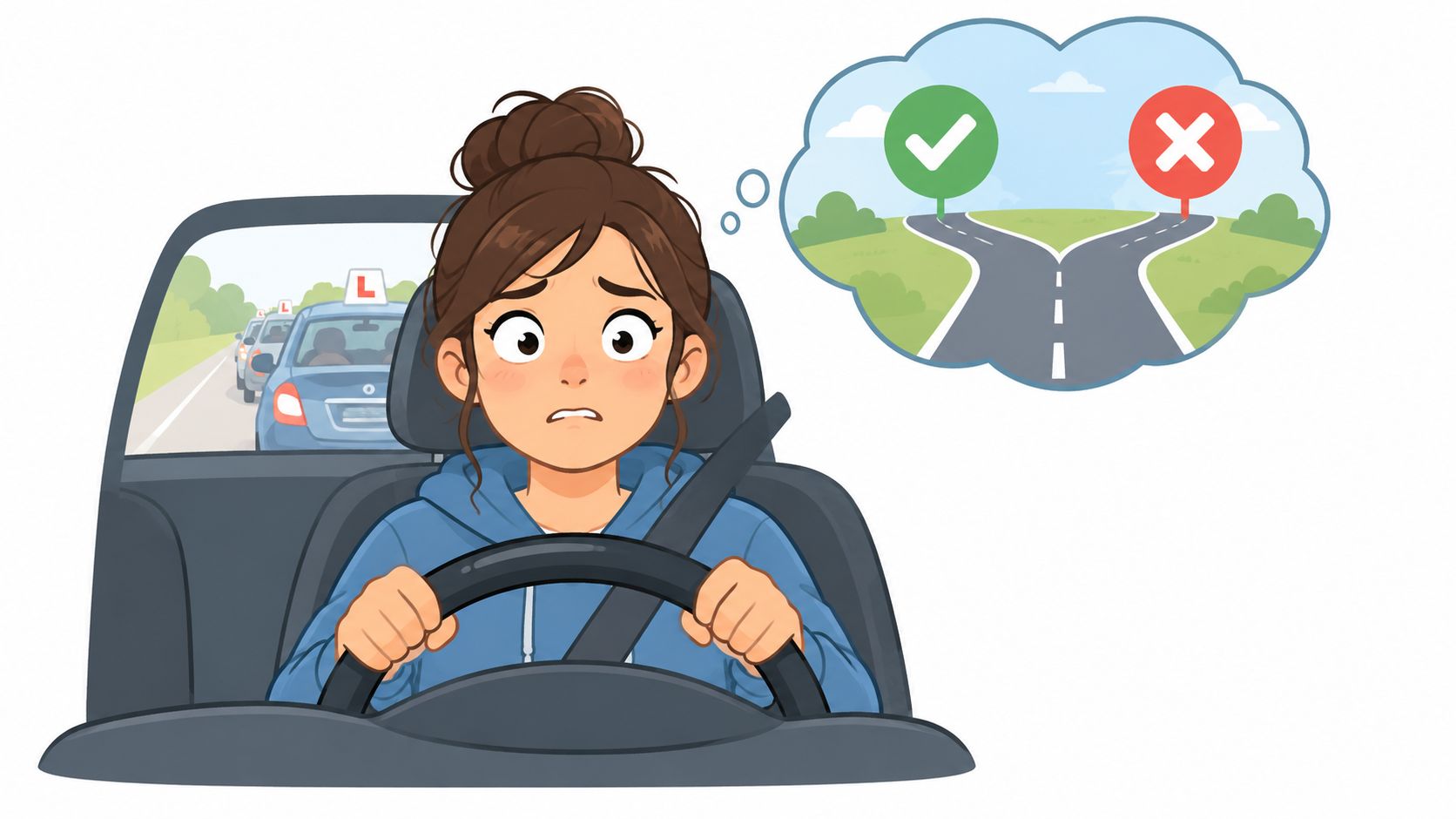 A nervous student driver thinking about the right and wrong choices on a driving test.