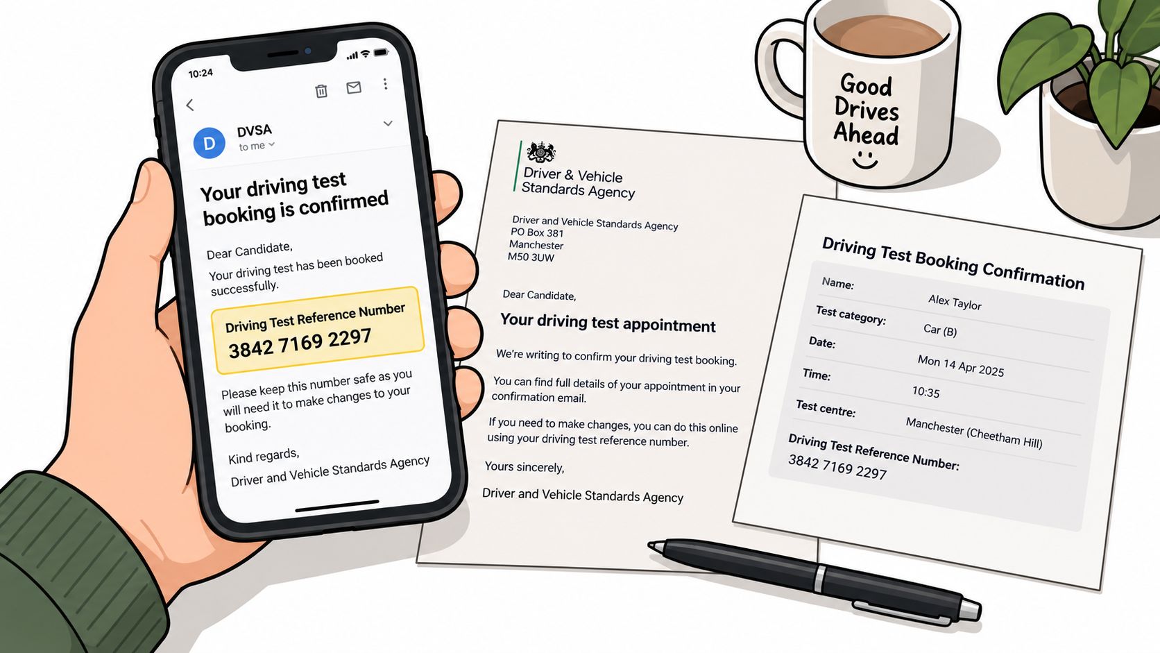 A hand holds a smartphone showing a driving test booking confirmation email next to a printed letter.