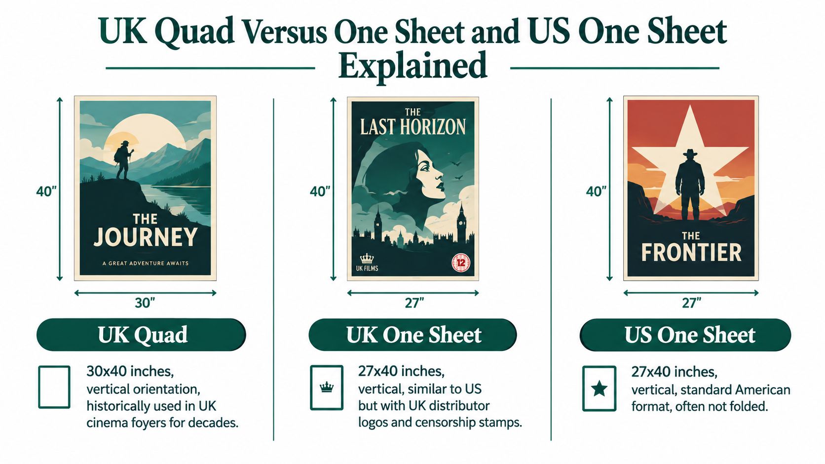 An infographic comparing the sizes and formats of UK Quad, UK One Sheet, and US One Sheet movie posters.