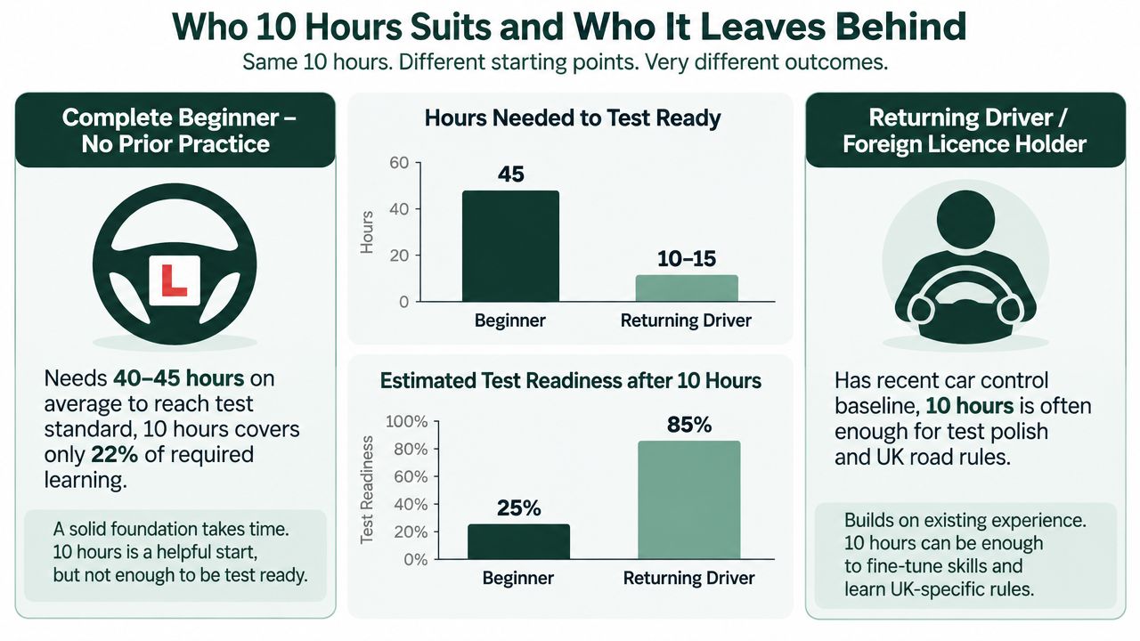 An infographic comparing the effectiveness of 10 driving lessons for complete beginners versus experienced returning drivers.