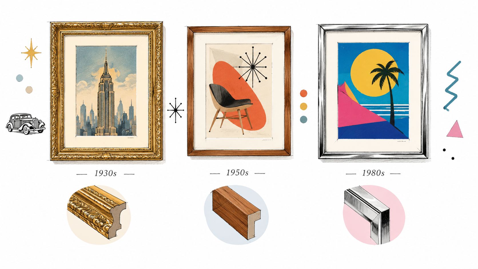A visual timeline showing art poster framing styles from the 1930s, 1950s, and 1980s with detailed examples.