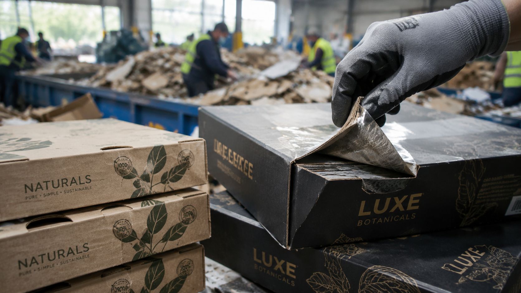 A worker in a recycling facility inspects and peels the film layer from a custom cardboard box.