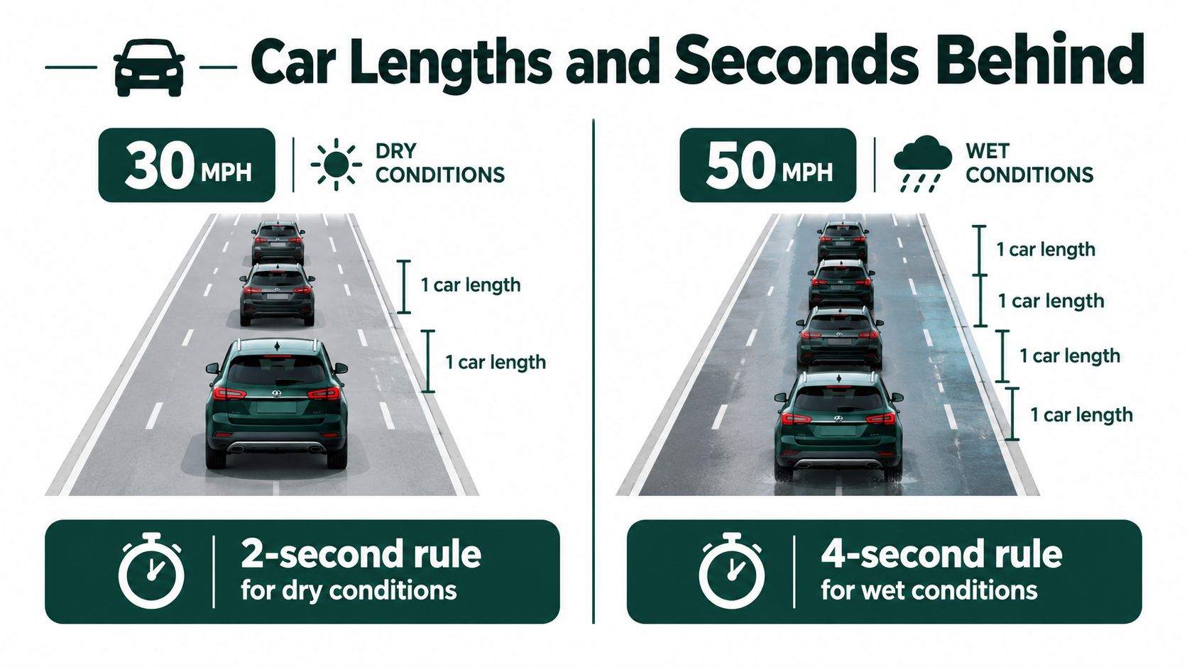An infographic illustrating safe following distances for vehicles in dry and wet driving conditions.